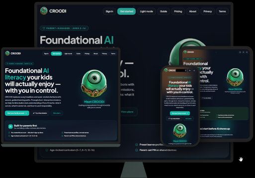 CROODI on phone, tablet, laptop, and desktop — responsive layout with light and dark mode